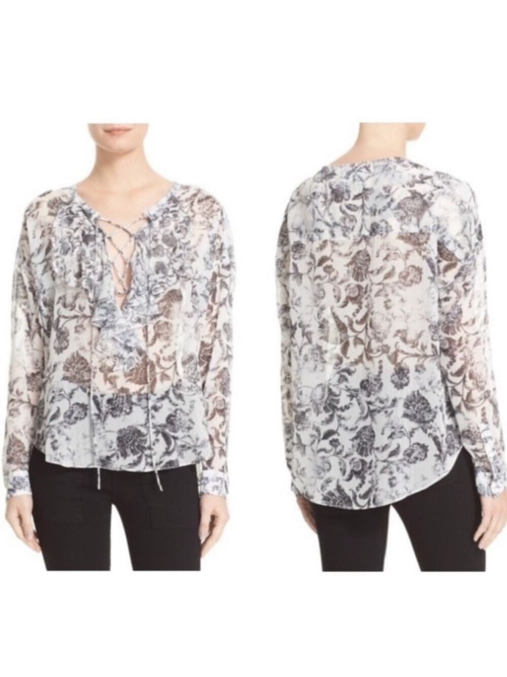 THE Kooples Baroque Print Floral Ruffle Lace Up Top In White